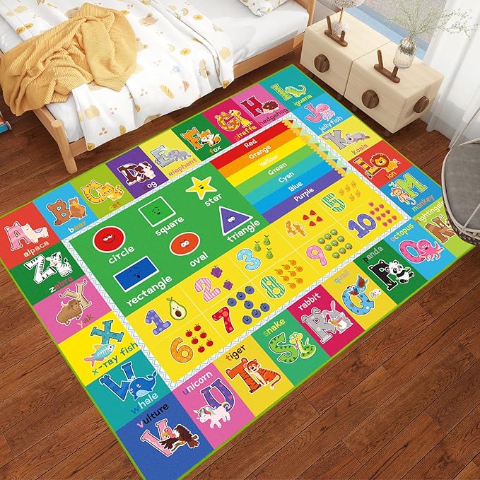 ABC Carpet, Kids Rugs for Playroom, Educational Play Mat for Kids, Preschool Rugs with ABC, Numbers, Animals Learning Rugs for Bedroom Playroom Classroom Baby Toddler Children (Yellow, 59X39.4 INCH)