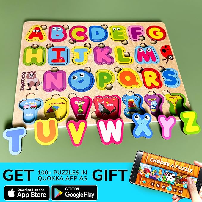 QUOKKA Montessori Alphabet Puzzle for Toddlers - Educational Wooden Toys for Kids Ages 3-5, Learning Letters and ABC Recognition, Preschool Activity Board for Fine Motor Skills and Learning Activities