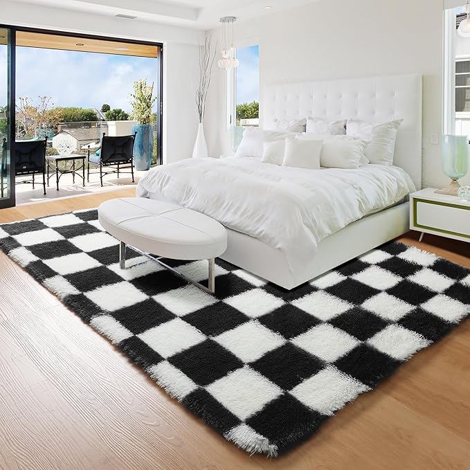 KICMOR Area Rugs for Bedroom Living Room, 4x6 Black and White Fluffy Soft Checkered Rug Fuzzy Shag Shaggy Carpet, Indoor Plush Floor Rugs for Kids Boys Girls Teen Dorm Nursery Home Decor Aesthetic