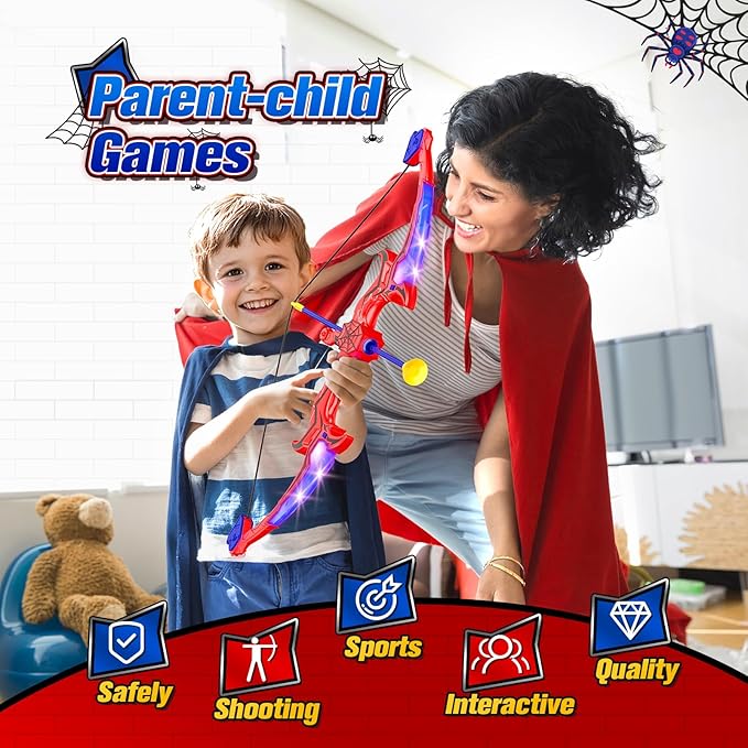 Outdoor Toys for Ages 3-5 Boys, Spider Bow and Arrow for Kids 3-7 Archery Set with LED Lights Target Toys for Boys 3 4 5 6 Bow Arrow Shooting Outdoor Games for Kids Ages 5-8 Girls Gifts