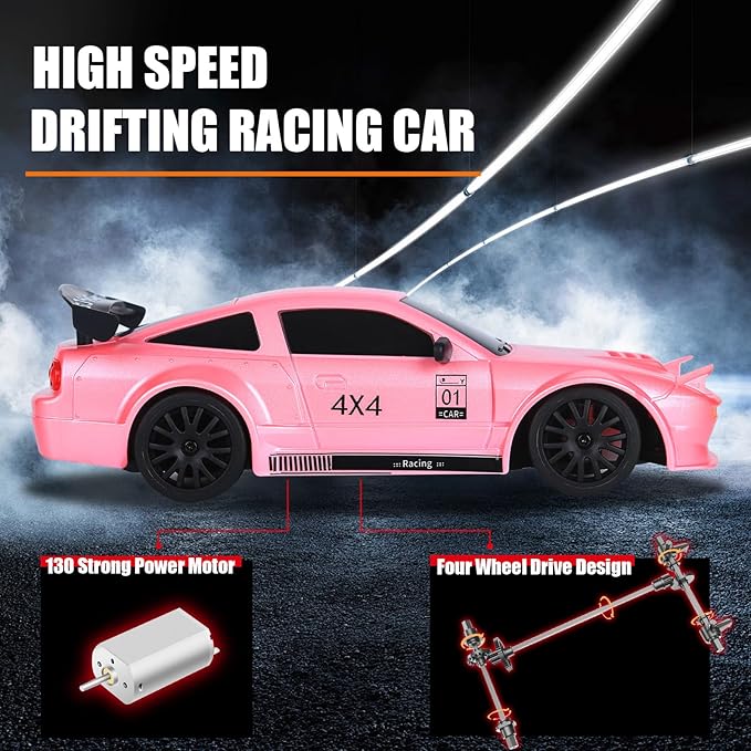 Mini RC Drift Car with Full Proportional Throttle, 1:24 Remote Control Car 4WD Drift GT-RX7 Rc Vehicle High-Speed Racing Drifting Cars Gifts Toy for Boys Kids (Pink)