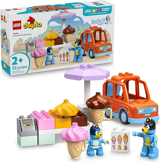 LEGO DUPLO Bluey Ice Cream Trip with Bluey - Toddler Toy for Kids, Boys, and Girls Ages 2+ - Includes Bluey Figure and Ice Cream Toy Stand - Sensory Toy for Pretend Play - Preschool Gift Idea - 10458