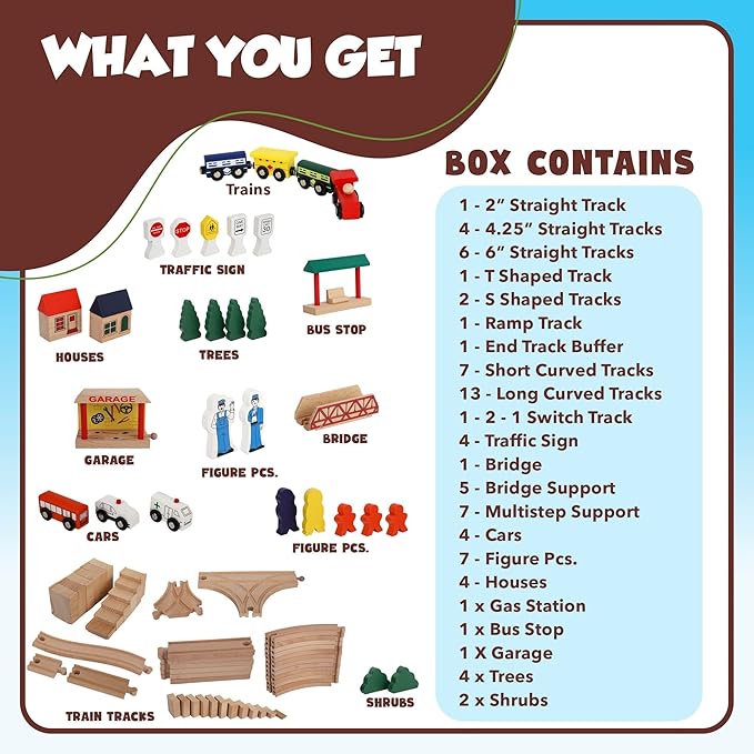 Wooden Train Set, Complete Toddler Train Set, Interactive Play & Learn Set, Creative Wooden Train Track Design, Premium Quality, Ages 3+ (80 Piece Set)