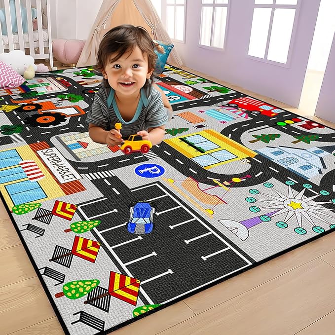 Kids Carpet for Bedroom - Car Rug for Kids 3x5 Feet, Educational Traffic Carpet Town City Road Map Rug, Kids Carpet for Playroom Bedroom Boys, Car Mats for Classroom Playroom