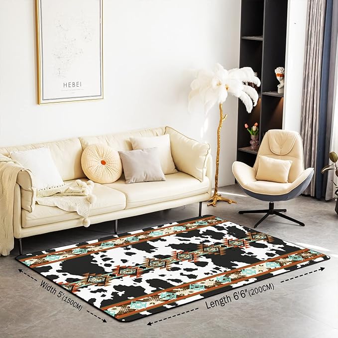 Erosebridal Cowhide Area Rug 5x6'6'', Black and White Highland Cow Print Rug, Western Exotic Aztec Non Slip Carpet for Bedside, Farmhouse Wild Animals Longhorn Skin Cowboys Accent Rug for Men