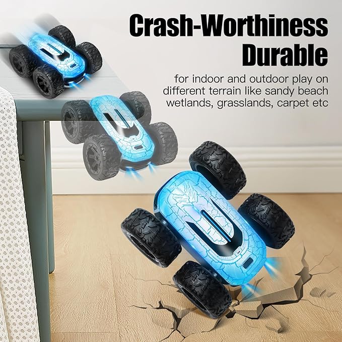 Remote Control Car for Kids 8-12, 360Rotating with 2 Batteries, Double-Sided RC Stunt Car Toy with LED Lights and Headlights