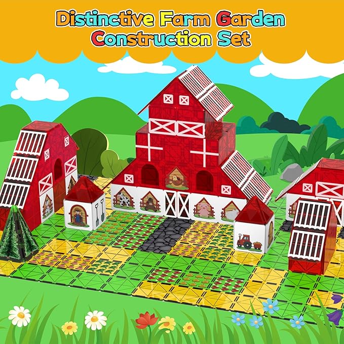 Magnetic Tiles Farm Animal Toy Set with Interactive Cow & Horse, Magnetic Building Blocks for Kids Ages 3-5 4-8 5-7, Magnet Tiles Educational STEM Toy for Boys & Girls