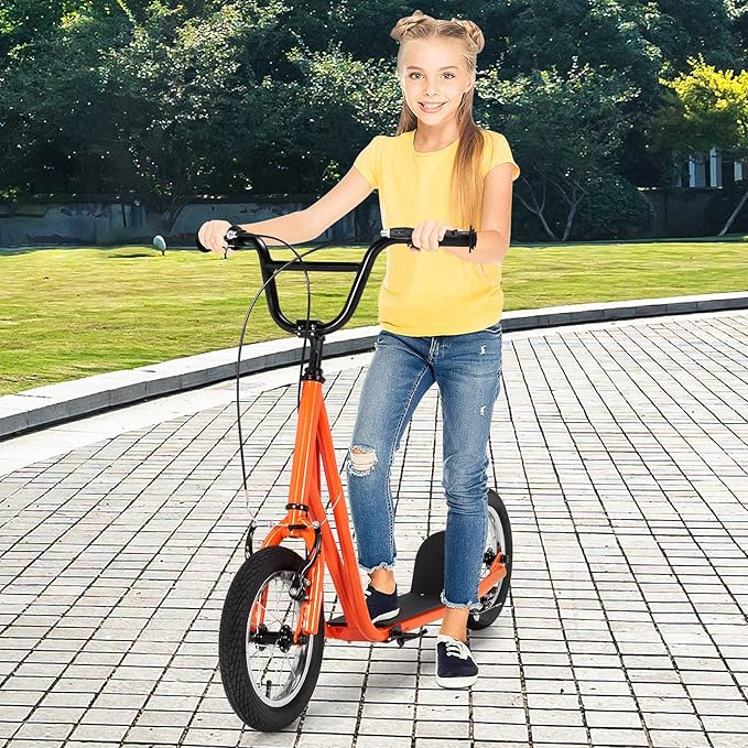 Goplus Youth Kick Scooter, Kids Kick Scooter W/ 12-Inch Air Filled Wheels, Carbon Steel Frame, Adjustable Handlebar, Front and Rear Dual Brakes, Ride On Toys for Adults Teens 8+