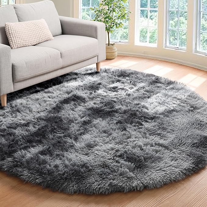 ONASAR Tie-Dyed Dark Grey Round Area Rug 4ft, Ultra Soft Bedroom Circle Rugs for Kids Girls Boys Teen, Fluffy Plush Shaggy Carpet Floor Mats for Nursery Dorm Living Room Office Home Decor