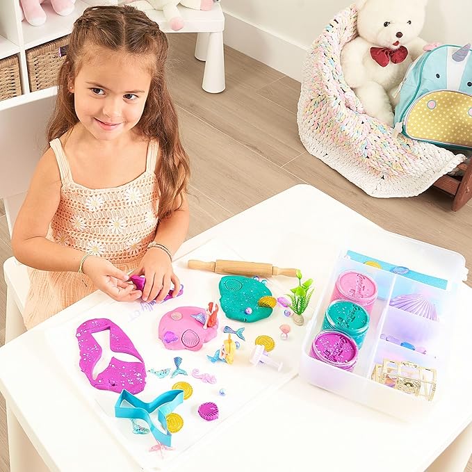 Sensationally OT Mermaid Sensory Dough Kit (3 Jars) Non-Toxic Dough with Cutters, Stampers, Coins, Pearls, Seahorses, Starfish, Treasure Box - Perfect Creative Play and Gift for Kids & Toddlers