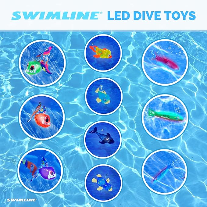 Swimline Original 4-Pack Diving Toys LED Light-Up Glowing Sea Animal Piranha Catch The Fish Retrieval Game for Swimming Pool & Bath Tub for Kids Multi Color Flashing Underwater Dive Practice Learn