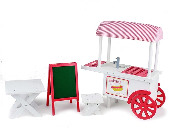 Playtime by Eimmie 18 Inch Doll Furniture Hot Dog Food Cart Set - Wooden Playset with Accessories, Fits American, Generation, My Life & Similar 14”-18” Dolls