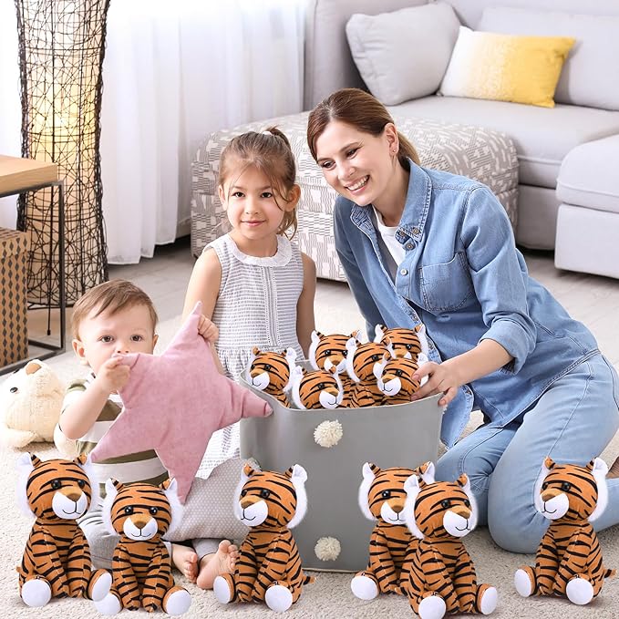12 Pieces Tiger Stuffed Animal 6 Inch Sitting Tiger Plush Toys Lifelike and Cute Animal Dolls Gifts for Boys and Girls Birthday Favors Gifts Forest Party Decor