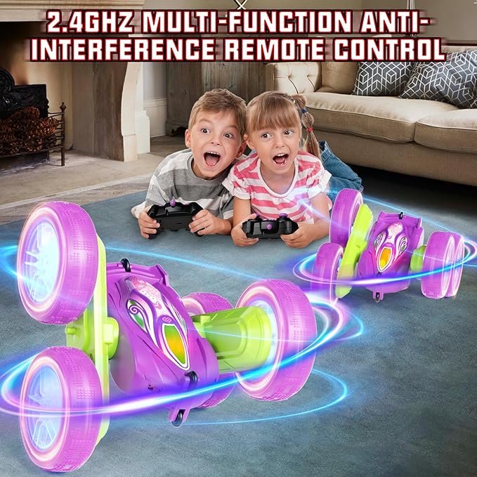 Remote Control Car Toys for Boys & Girls, 4WD Gesture RC Stunt Cars, High Speed RC Truck with Double Sided 360 Flips and Headlights Wheel Lights, Off-Road Stunt Car Toys for Kids 6-12 yr (Purple)