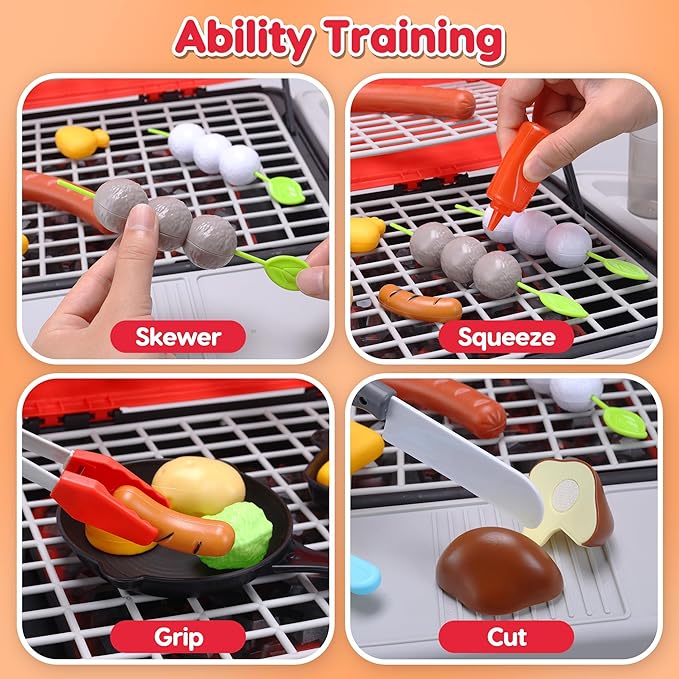 CUTE STONE Kids Grill Playset,Kitchen Playset with Realistic Smoke, Sound, Light, Kids BBQ Grill Toy Cooking Playset for Toddler,Indoor Outdoor Backyard Play Toys for Boys Girls, 23.6" H