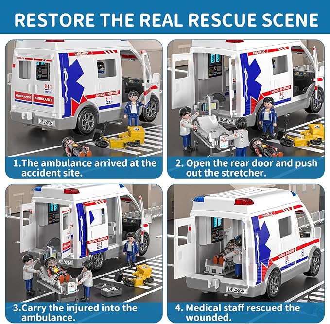 TEMI Ambulance Toy for Kids 3 4 5 6 7 8 Years Old Friction Powered Truck with Light and Sound Emergency Vehicle Toy for Boys Girls Gifts for Age 3-12 Boys Girls