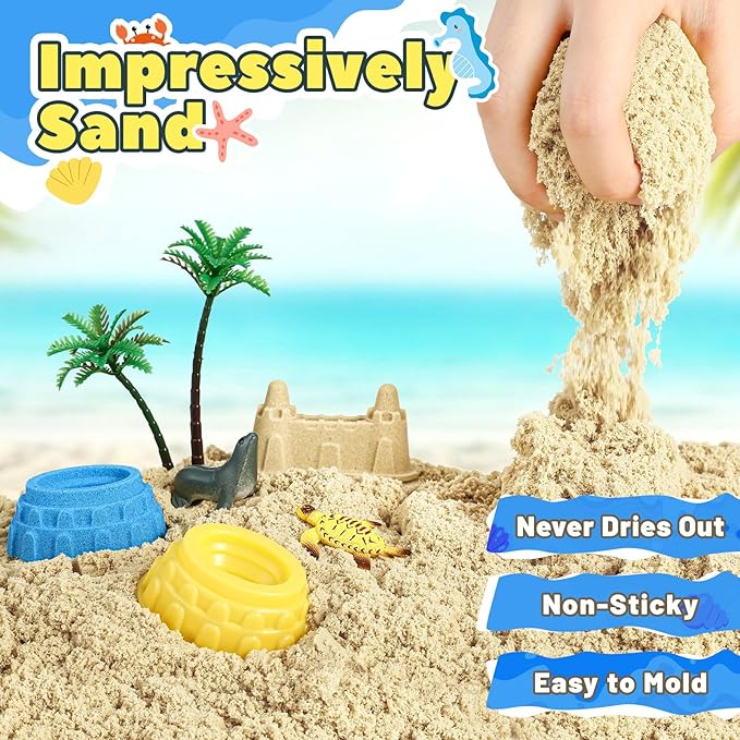 FRUSE Ocean Sensory Bin,Play Sand Art Kit with 2.2lbs Play Sand,12 Sea Animal Toys,Sand Molds,Role Play Beach Toy Sandbox Toys for Toddlers 3 4 5 6 7