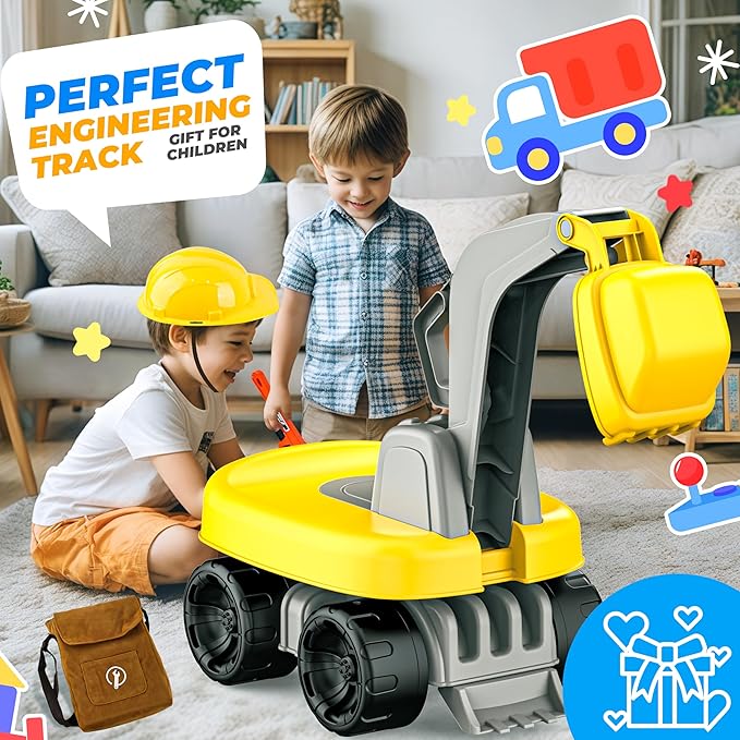 BELLOCHIDDO Ride-On Excavator Toy with Safety Helmet & Tool Kit - Toddler Beach Toy Sand Play Set Kids Excavator, Pretend Construction Set with Tools, Outdoor Learning Toys for Boys Girls