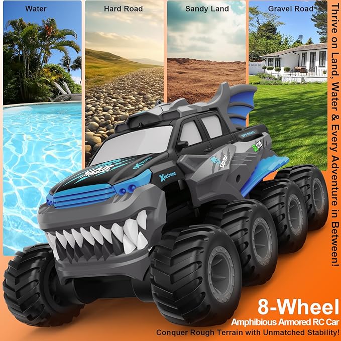 Amphibious Remote Control Car 8WD RC Monster Truck with 2 Rechargeable Batteries for Boys Age 8-12 Offroad Waterproof RC Pickup 2.4GHz All Terrain RC Drift Cars Beach Pool Toys Gifts for Kids Blue