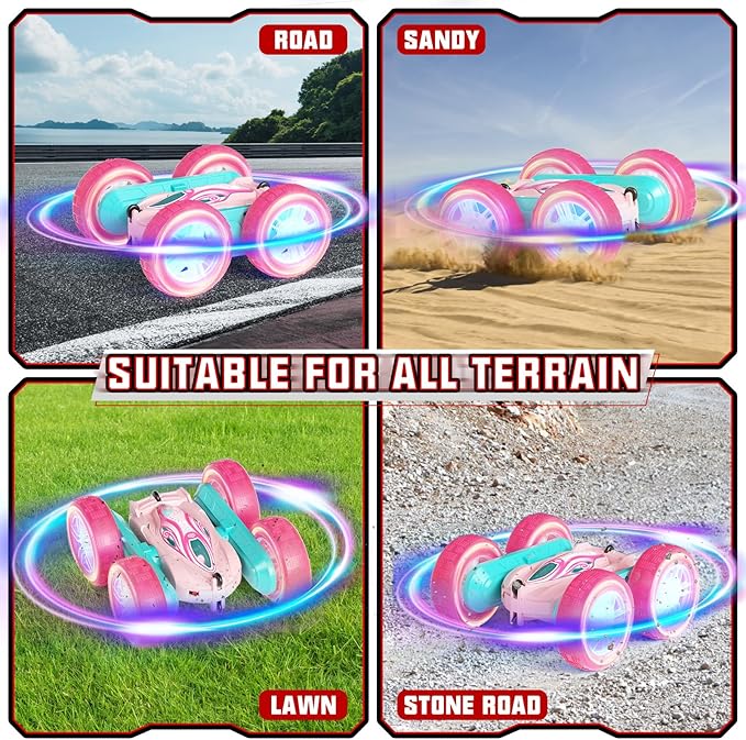 Remote Control Car Toys for Girls & Boys, 4WD Gesture RC Stunt Cars, High Speed RC Truck with Double Sided 360 Flips and Headlights Wheel Lights, Off-Road Stunt Car Toys for Kids 6-12 yr (Pink)