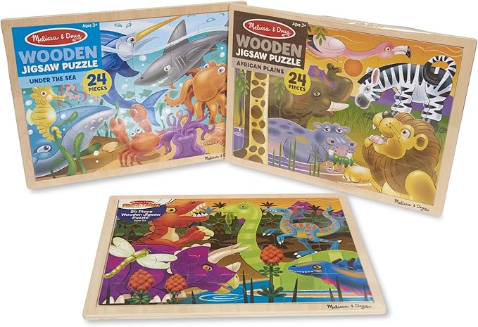 Melissa & Doug 3-Puzzle Jigsaw Set - Dinosaurs, Ocean, and Safari