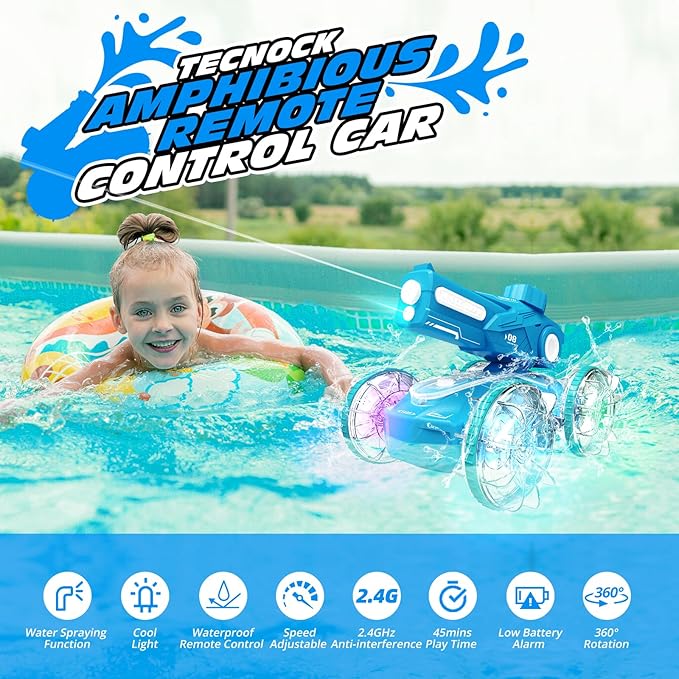 Tecnock Amphibious Remote Control Car Boat for Kids, 2.4GHz 4WD Water Squirt RC Stunt Car with LED Lights, 45-Minute Playtime, Pool Toy Gift for Boys and Girls Ages 6+