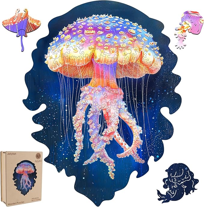 Wooden Puzzles for Adults, Jellyfish Jigsaw Puzzles 200 Pieces, Unique Shape Puzzles for Adults and Kids, 11.7 x 9 Inches Medium Size, Fun Challenging Puzzles Family Game