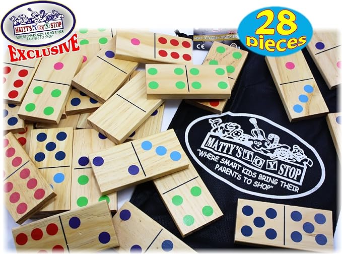 Matty's Toy Stop Deluxe Giant Wooden Dominoes Double Six (5") Color Dot, 28 Piece Set with Storage Bag