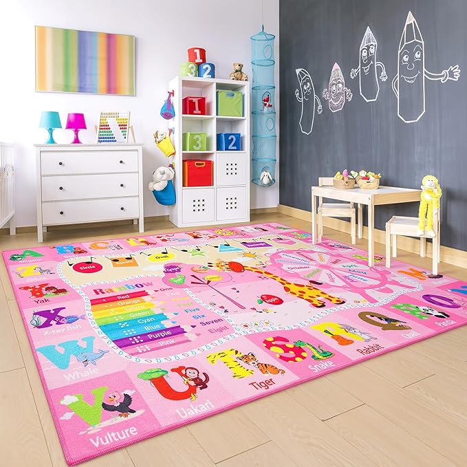 Chicrug Educational Kid Area Rug for Playroom, 5x7 Feet TPR Non Slip Kids Classroom Carpet Rug for Learning ABC Animal, Shape Color Fruit, Washable Play Mat Rug for Children Nursery Toddler Room Decor