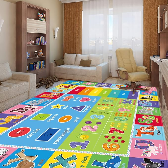 Kids Play Rug for Playroom, ABC Educational Area Rug, Toddler Baby Play Mat, Alphabet Animal Soft Non-Slip Kids Rug Carpet for Boy Girl Bedroom (110X78.7 INCH Green)