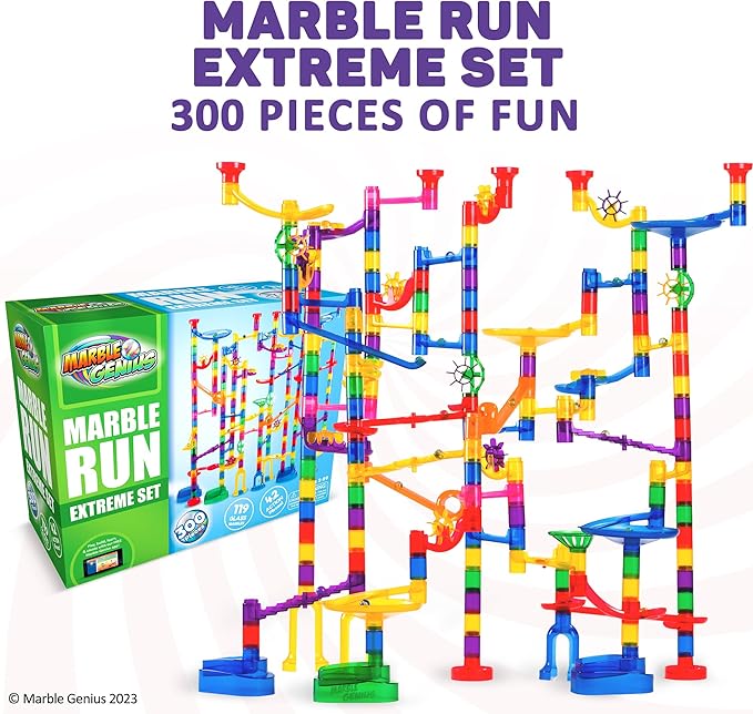 Marble Genius Marble Run - 300 Complete Pieces Maze Track Easter Toys for Adults, Teens, Toddlers & Kids Aged 4-8 Years Old, (181 Translucent Marbulous Pieces + 119 Glass-Marble Set), Extreme Set