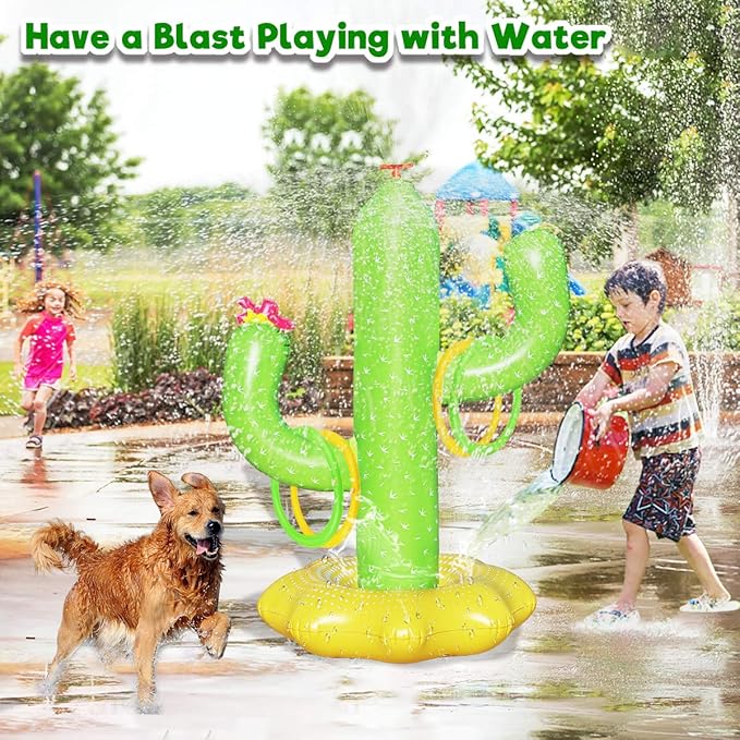 Sprinkler for Kids, Inflatable Cactus Water Toys for Boys Girls, Summer Outdoor Game with 4 Rings, Backyard Water Sprinkler Spray Toy Fun Gifts for Children Ages 3 4 5 6 Years and Up