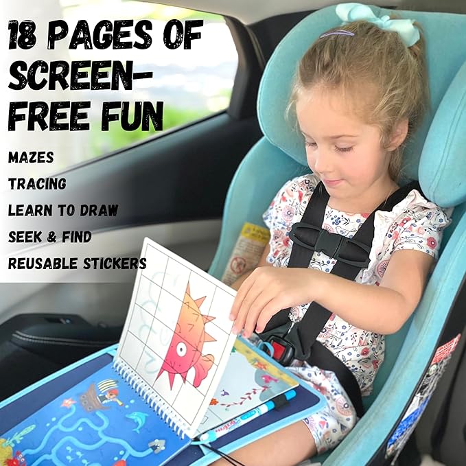 Kids Travel Educational Activity Book with Washable Markers - Car and Airplane Activities, Learning Toys for Toddlers- Reusable Stickers for Ages 4, 5, 6 (Ocean & Extra Princess Book)