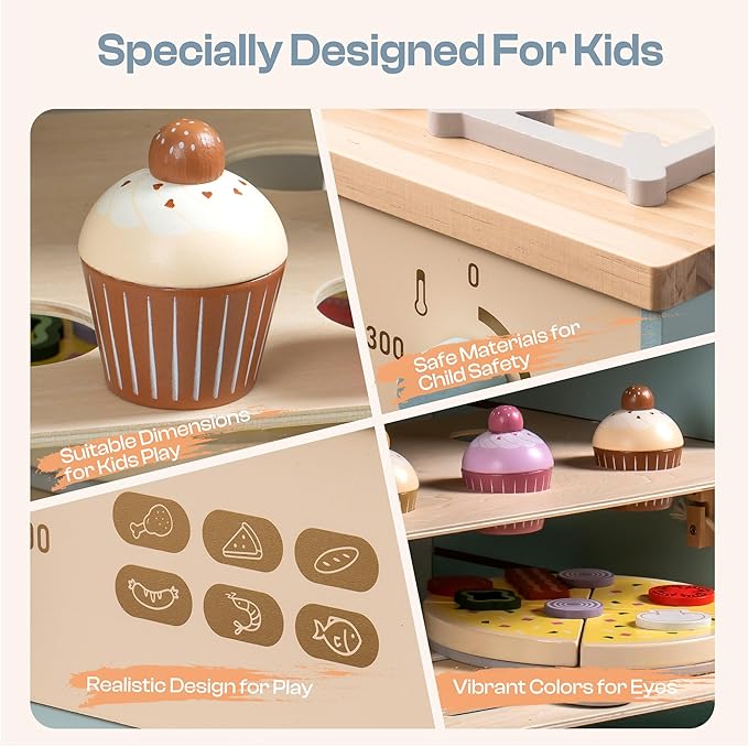 ROBOTIME Wooden Toy Kitchen Oven Playset, Montessori Pretend Play Kitchen Accessories with Pizza and Cupcakes Food Toys, Wooden Pizza Oven Set Toys for Toddlers & Kids, WCF28
