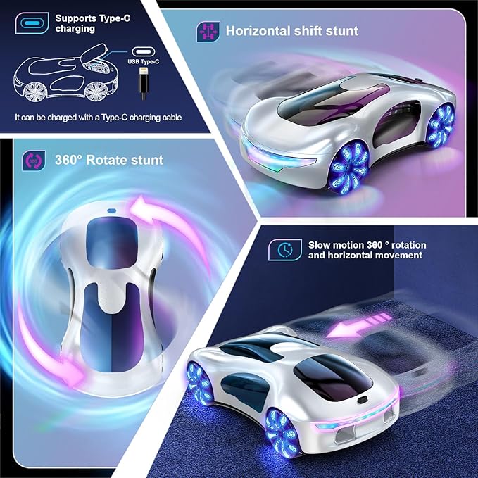 WSHlMIN Futuristic Remote Control Car, Gesture Sensing Rc Stunt Car with Light Spray & Sound, 360° Rotate 2.4GHz RC Cars Toy for Boys 8-12, Birthday Presents for Kids Age 8 9 10 11 12 13 14 (White)