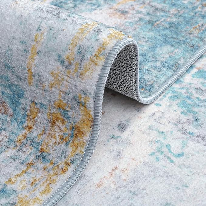 Ompaa Living Room Rug 8x10 Blue Area Rugs Machine Washable Abstract Boho Large Carpet Non-Slip Non-Shedding Faux Wool Indoor Vintage Rugs for Bedroom, Classroom, Dining Room, Kids Playroom