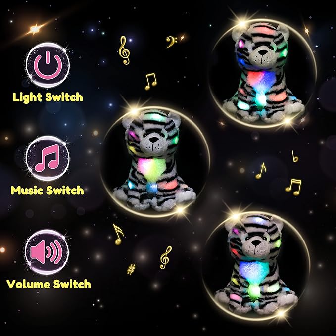 Hopearl LED Musical Stuffed Tiger Lighting Up Singing Plush Toy Adjustable Volume Lullaby Animated Soothe Birthday Festival for Kids Boys Girls, 11''