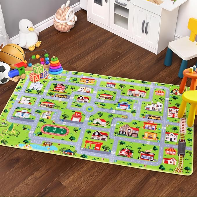 Kids Rug 3x5 City Play Mat Non Slip Exercise Baby Fun Rug Carpet for Kids Toddler City Traffic Road Map Ultra-Soft Educational Street Carpet Mat for Bedroom Playroom Nursery Grey