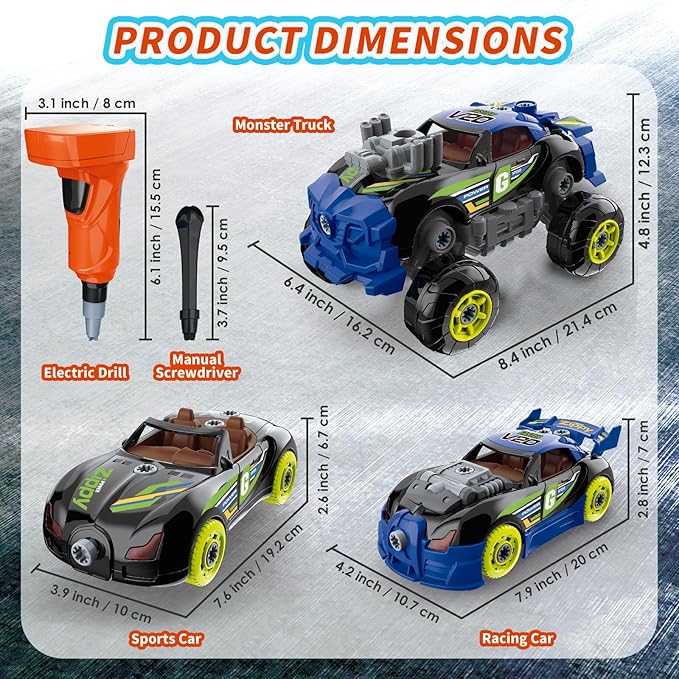 Pup Go 3-in-1 Take Apart Car for Boys with Electric Drill, 43Pcs Construction Toy Truck, Build Your Own Car with Play Tools, Ideal STEM Present for Kids Children Ages 3 4 5 6 7 Year Black