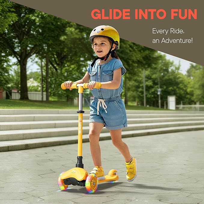 Yellow Mini 3 Wheel Scooter for Kids – Lean-to-Steer with LED Light-Up Wheels, Adjustable Handlebar, Wide Anti-Slip Deck, Smooth PU Wheels, Rear Foot Brake – Toddler Scooter for Ages 2+