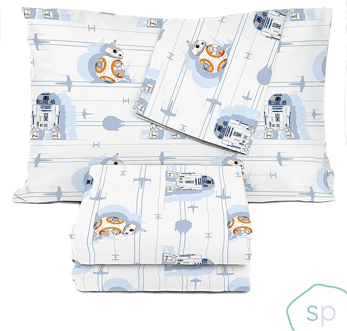 Saturday Park Star Wars Droids Queen Sheet Set - 4 Piece 100% Organic Cotton Sheets Features R2-D2 & BB-8 - GOTS & Oeko-TEX Certified (Star Wars Official)