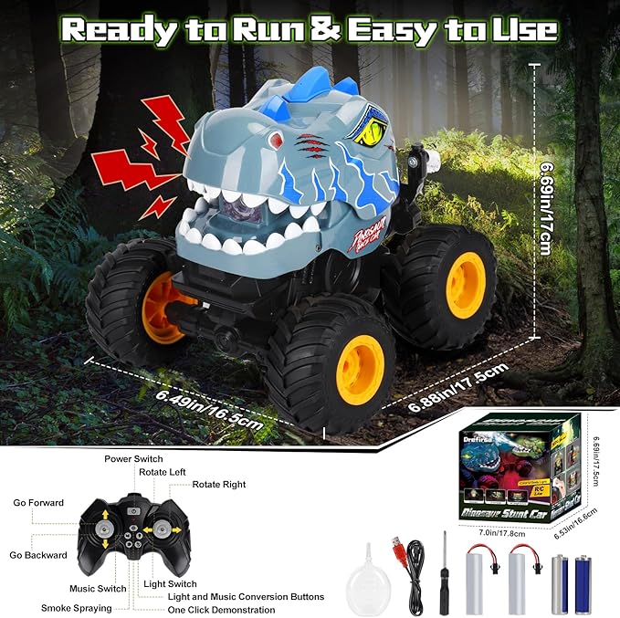 Remote Control Car for Boys 4-7 8-12, Dinosaur Monster Truck Toys with 50min+ Runtime, Spray, LED Light, 360° Rotating & 90° Driving, RC Stunt Car for Kids Birthday