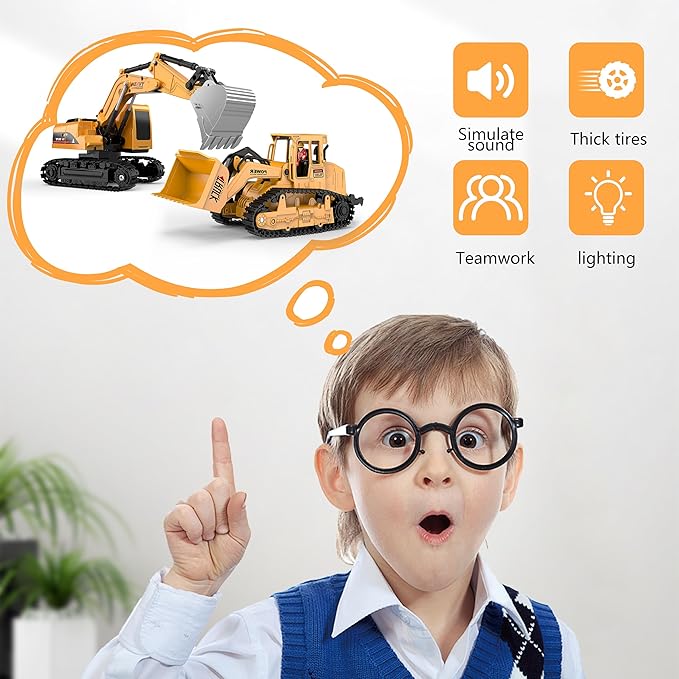 AISYAH Remote Control Excavator and Construction Bulldozer Toy Set - RC Construction Vehicles Toy with Barricades, Road Signs, Simulated Rocks, Lights and Sounds, Present for Toddlers 6-12 Year Kids