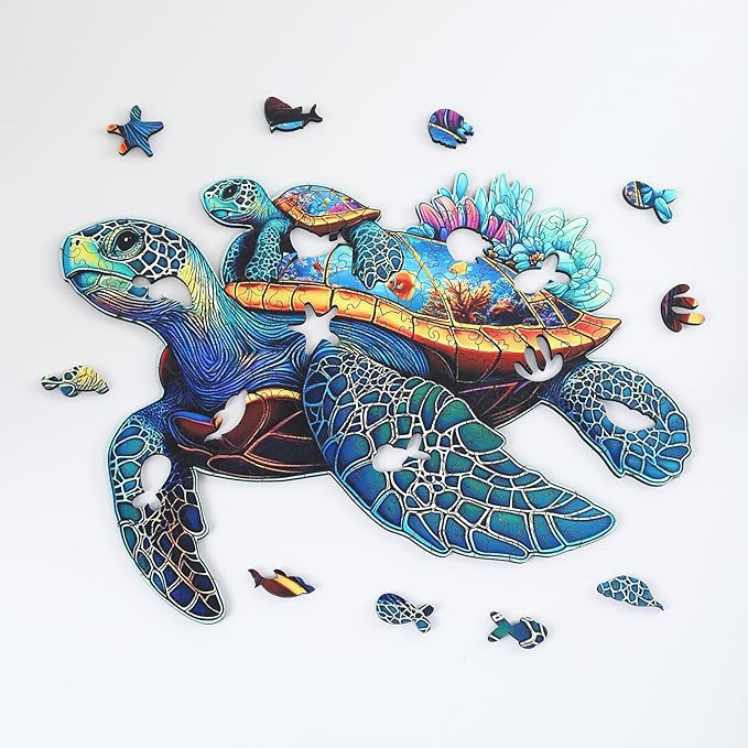 Wooden Jigsaw Puzzles for Adults Teens Kids, Parent and Child Sea Turtle Wood Puzzle, 300 Pieces Unique Animal Shaped Puzzle, Fun Challenging Family Games, 15.49" x 11.65", Gift Box Included