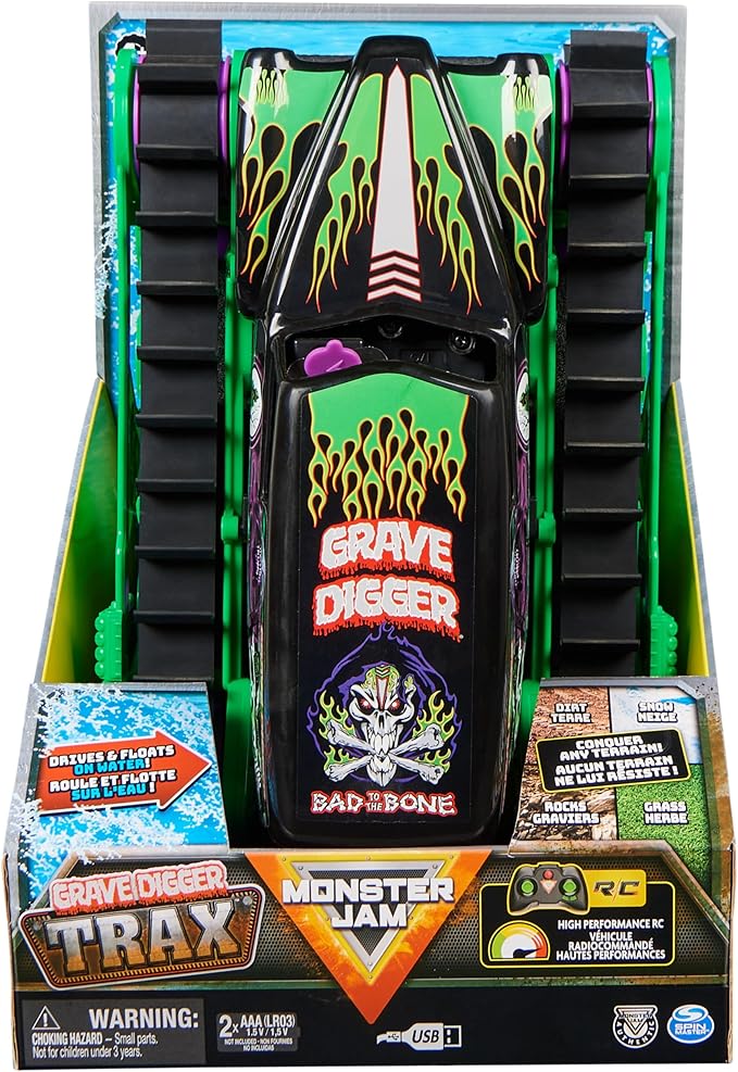 Monster Jam, Official Grave Digger Trax All-Terrain Remote Control Outdoor Vehicle, 1:15 Scale, Kids Toys for Boys and Girls Ages 4 and up