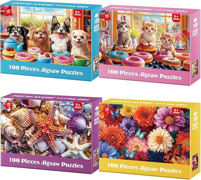 4-Pack Puzzles for Kids Ages 6-8 8-10 Year Old - Cats Dogs Starfish Flower, Large Piece Puzzle for Seniors Adults, 100 Pieces Puzzles for Kids Ages 4-6, Learning Educational Toys for Boys and Girls