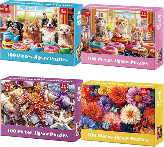 4-Pack Puzzles for Kids Ages 6-8 8-10 Year Old - Cats Dogs Starfish Flower, Large Piece Puzzle for Seniors Adults, 100 Pieces Puzzles for Kids Ages 4-6, Learning Educational Toys for Boys and Girls