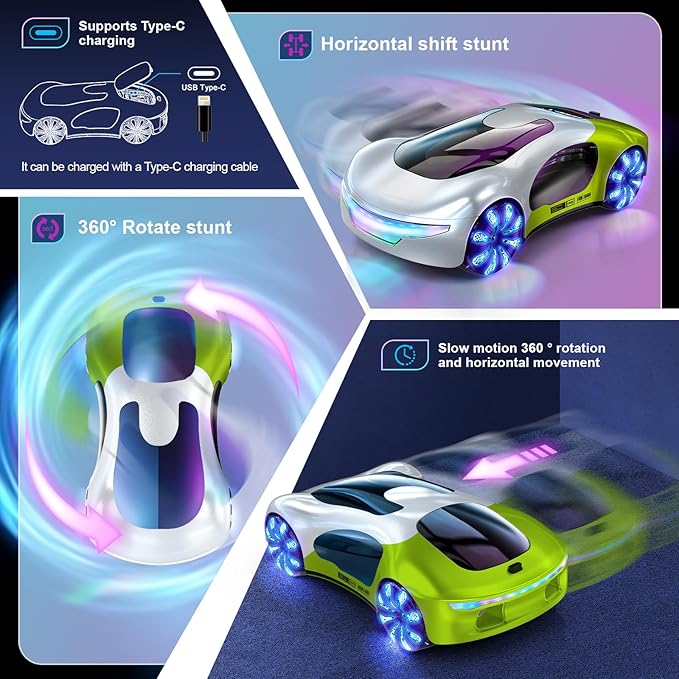 WSHlMIN Futuristic Remote Control Car, Gesture Sensing Rc Stunt Car with Light Spray & Sound, 360° Rotate 2.4GHz RC Cars Toy for Boys 8-12, Birthday Presents for Kids Age 8 9 10 11 12 13 14 (Green)