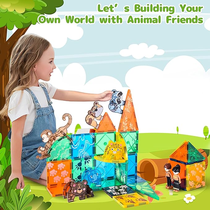 Magnetic Tiles Animals Jungle Gifts Building Sets,Toddler Magnetic Toys for Kids Ages 4-8,Forest Montessori Magnet Tiles Set, Safari Zoo Animal Toys,STEM Construction Magnetic Blocks for Toddlers 3-5