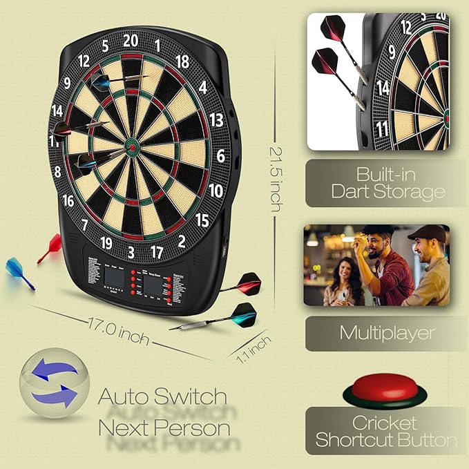 Electronic Dartboard Set with Colorful LED Displays, Soft Tip Cricket Dart Board AC & Batteries - Including 6 Darts, 130 Tips,6 Integrated Dart Tail, 2.5m Extended Power Adapter